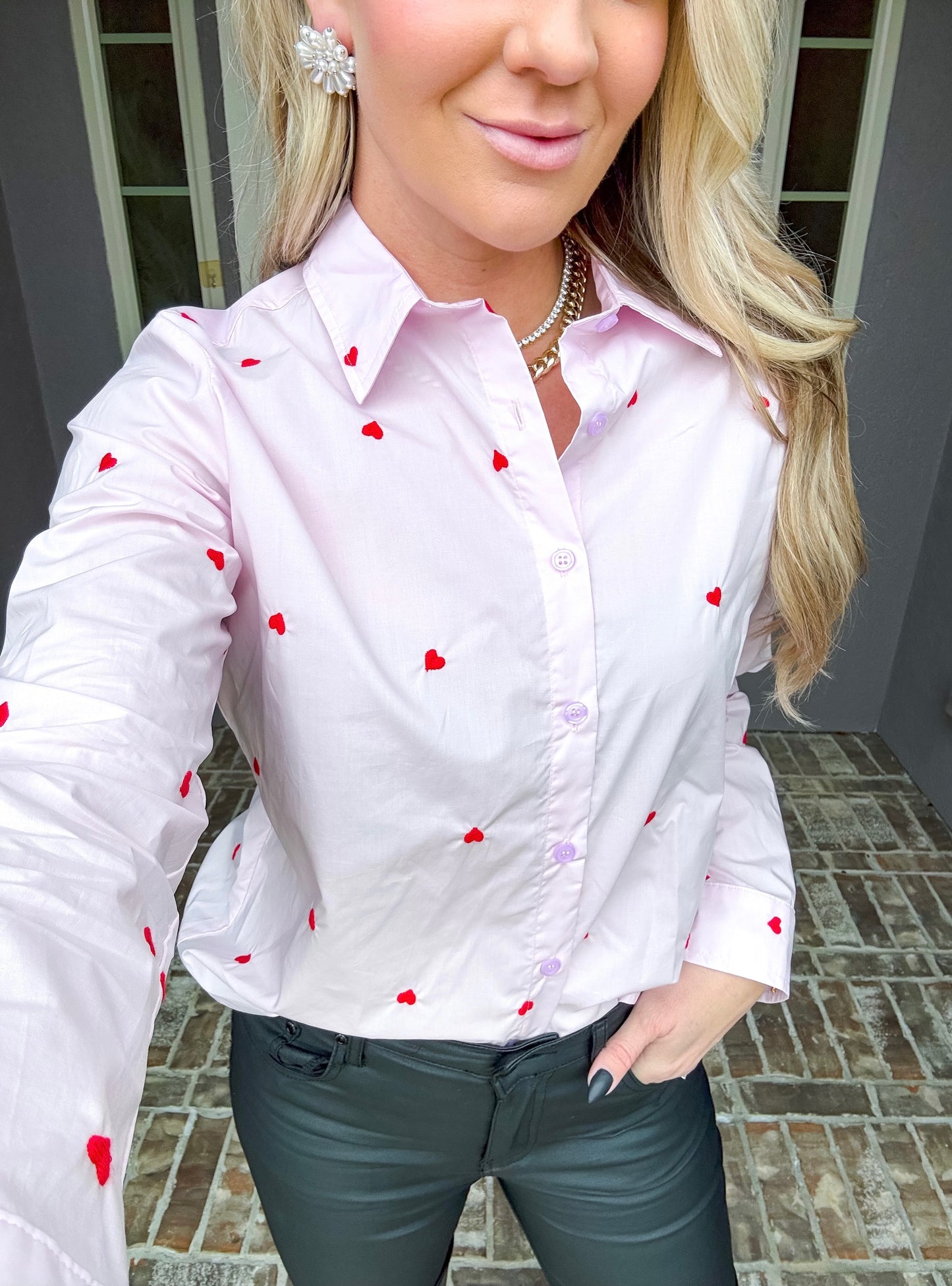 Sweet Romance Heart Button Up - Pink