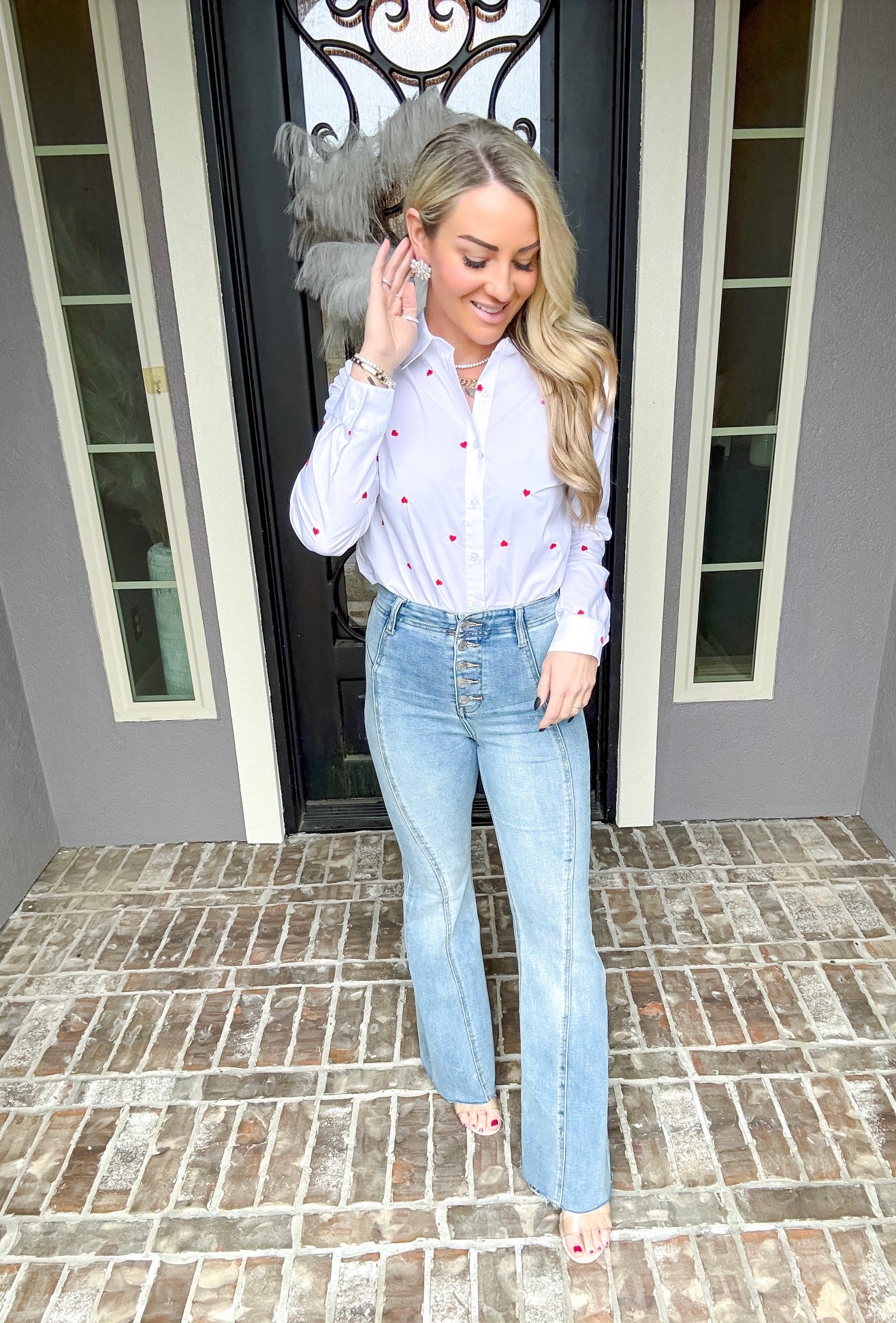 Sweet Romance Heart Button Up - White