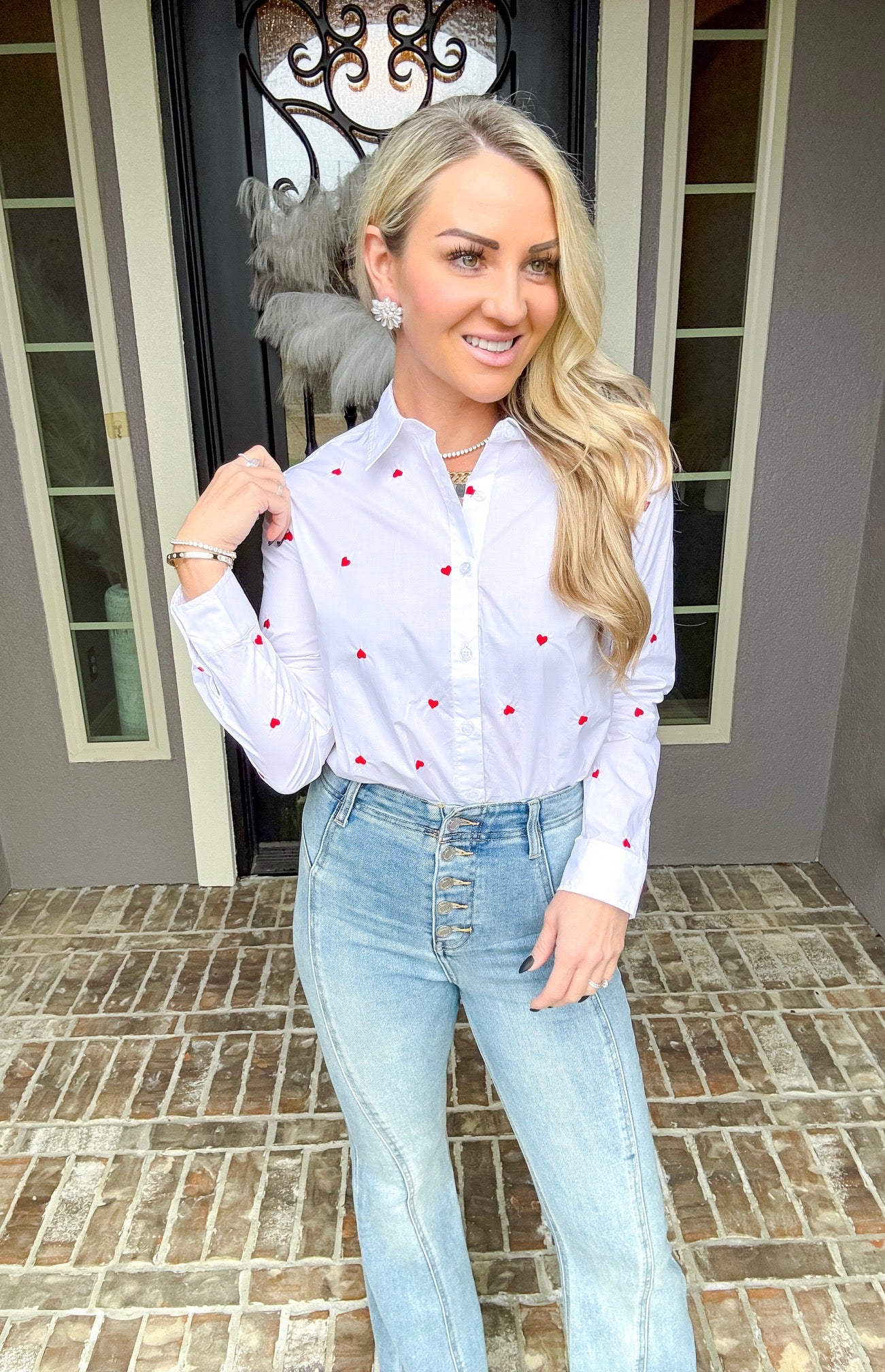 Sweet Romance Heart Button Up - White