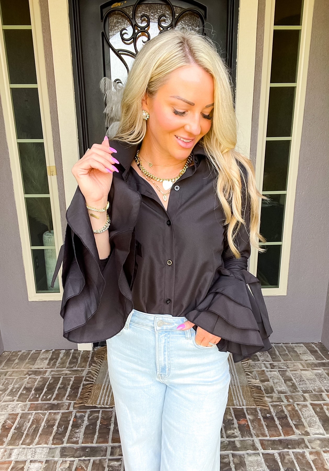 Sweet Moment Bow Cuff Blouse - Black