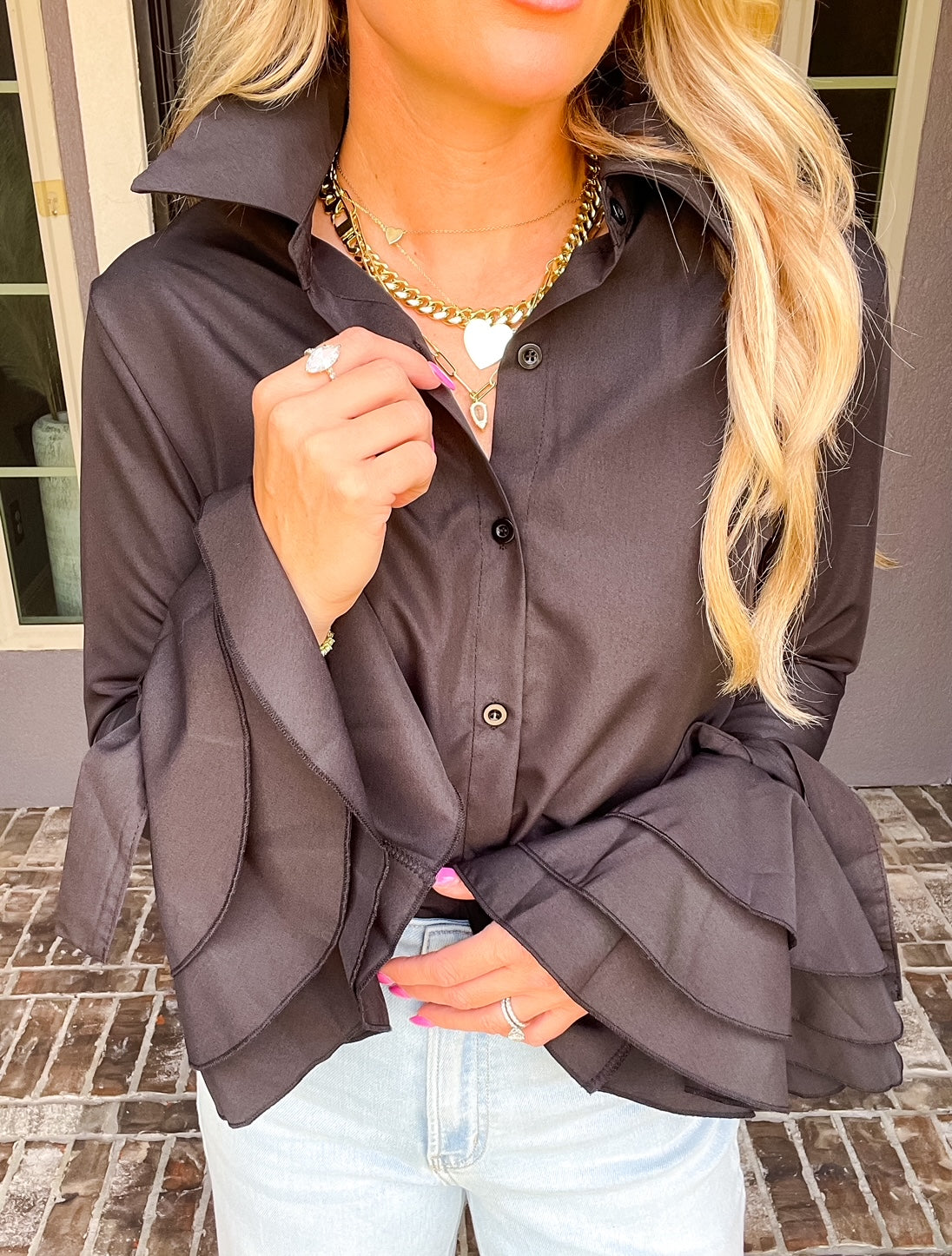 Sweet Moment Bow Cuff Blouse - Black
