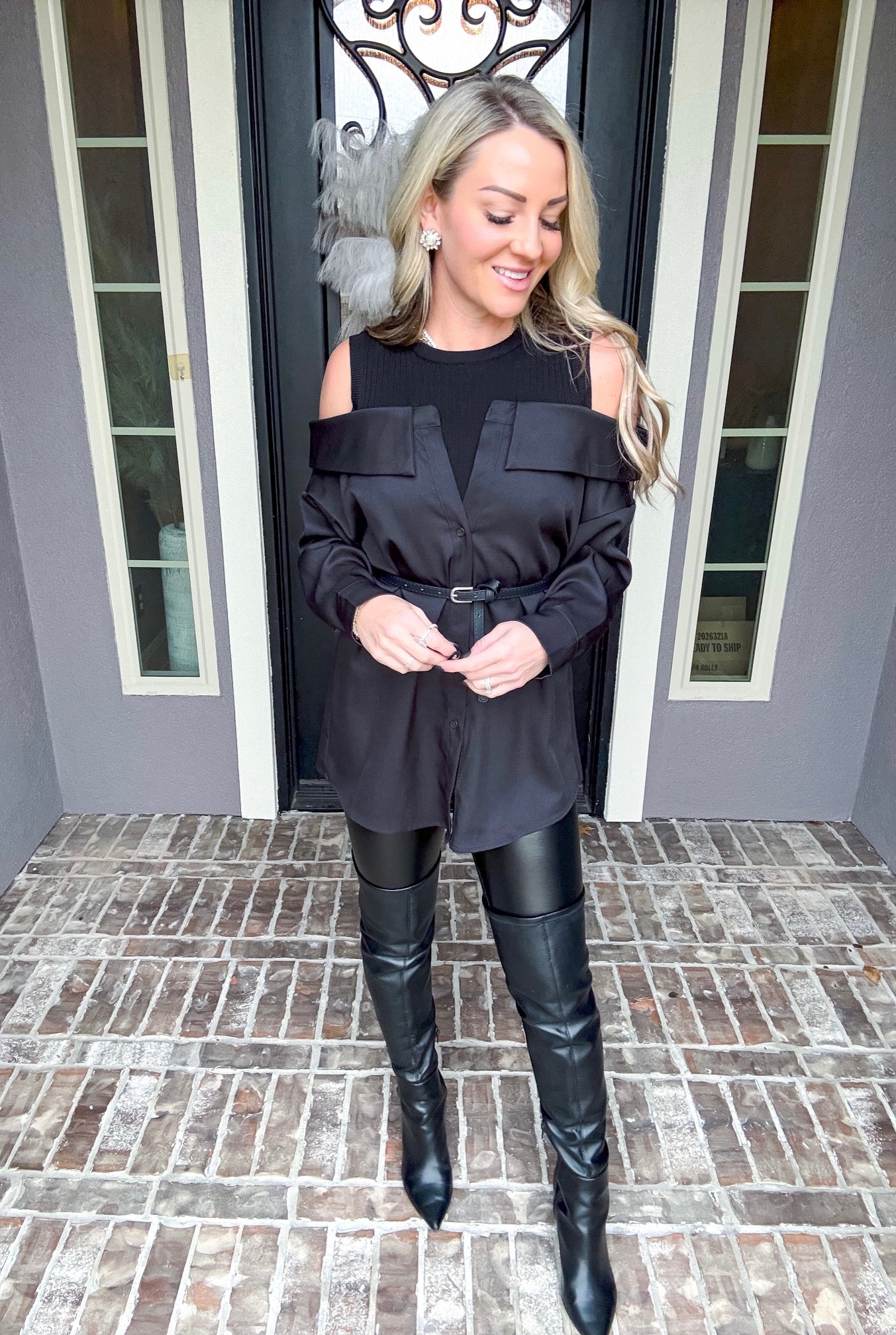 Posh Off Shoulder Belted Top - Black