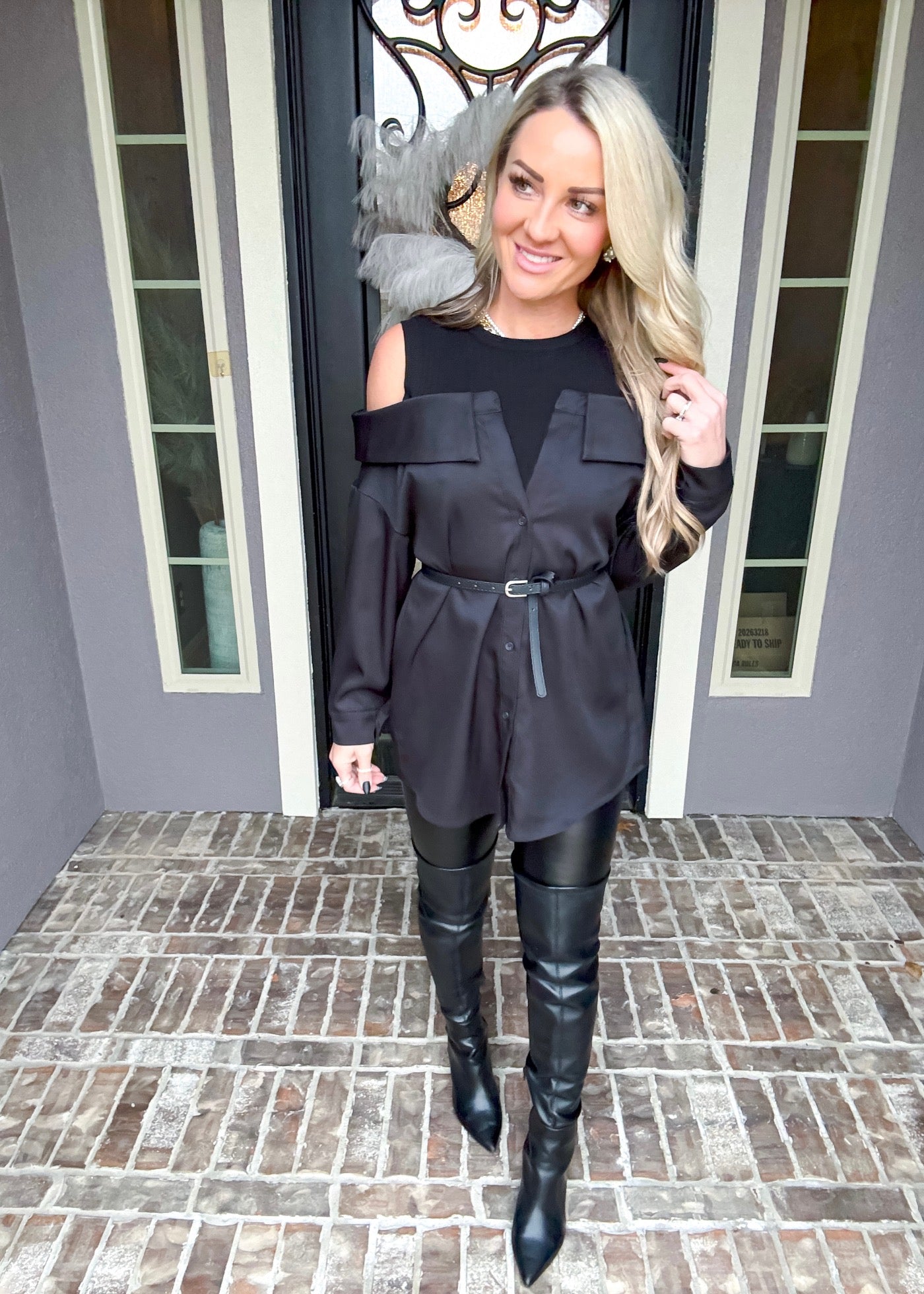 Posh Off Shoulder Belted Top - Black