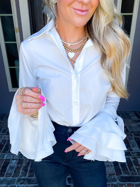 Sweet Moment Bow Cuff Blouse - White