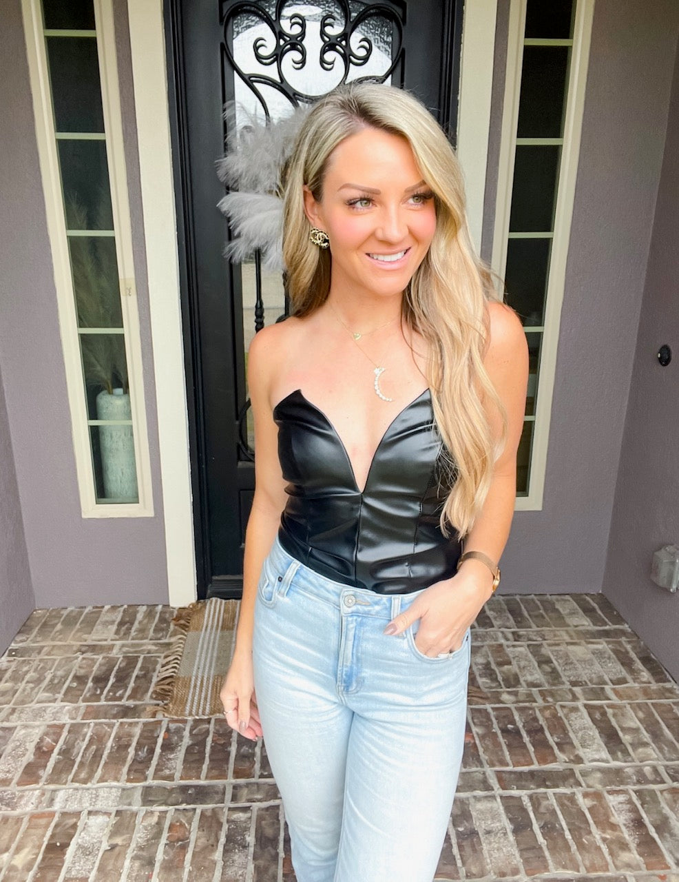 Cute In Leather Bodysuit