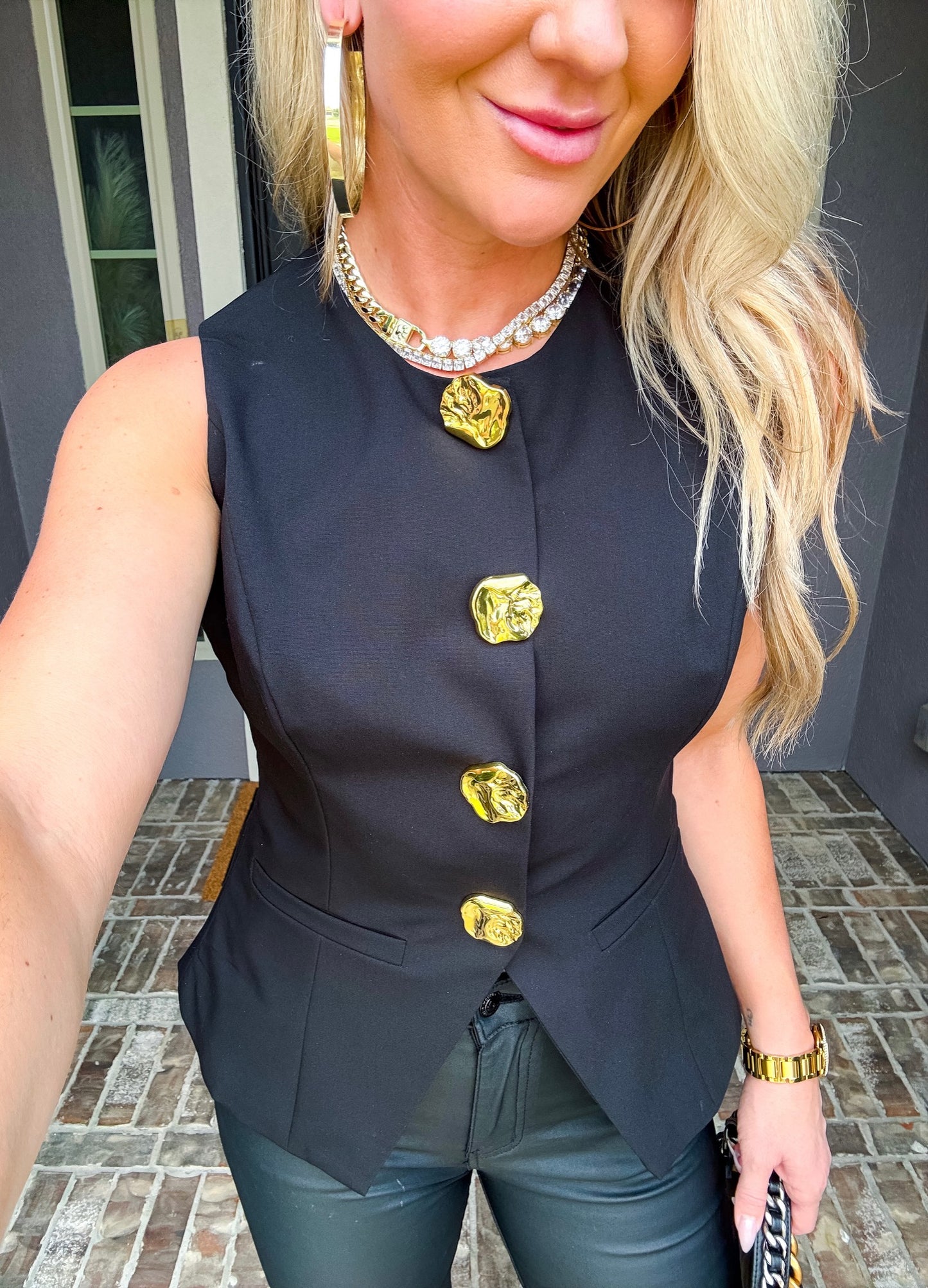 Sweet Harmony Gold Button Vest - Black