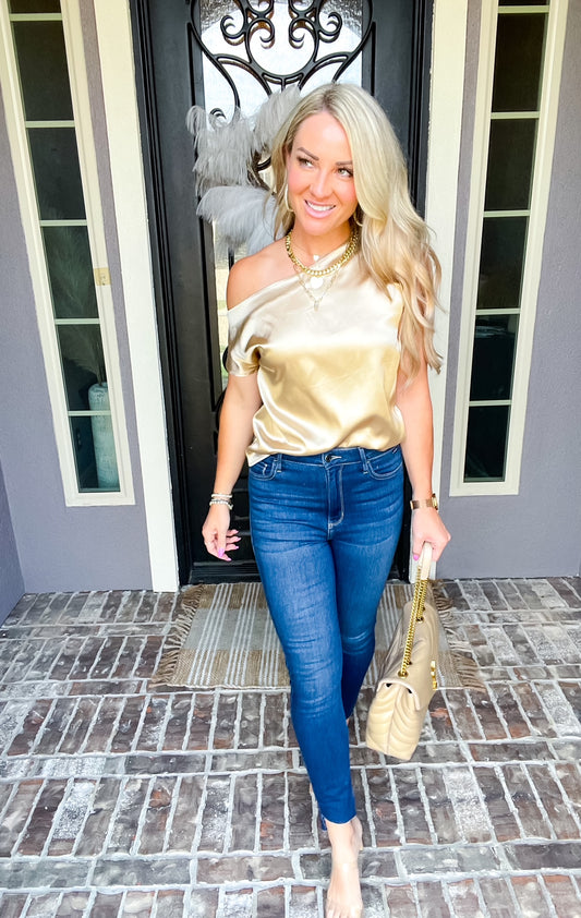 Brunch Babe Off Shoulder Blouse - Champagne